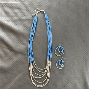 Elegant Blue and White Beaded Necklace and Earring Set